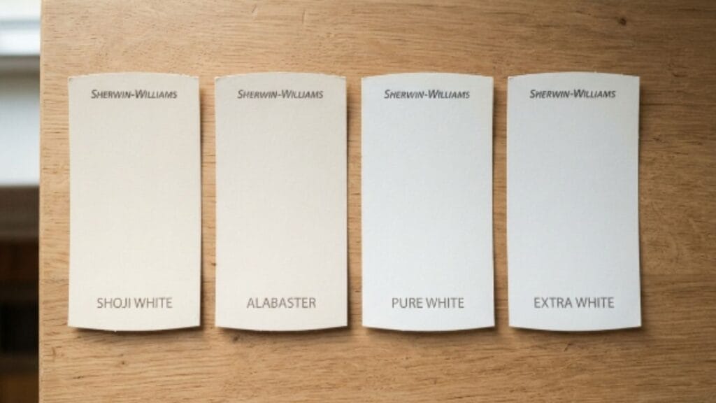 Shoji White paint swatch compared with Alabaster, Pure White, and Extra White