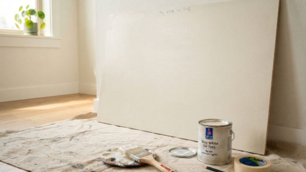 Testing a Shoji White sample board under natural window light