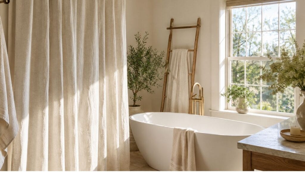 Bathroom styled with one of several shower curtain ideas in linen fabric
