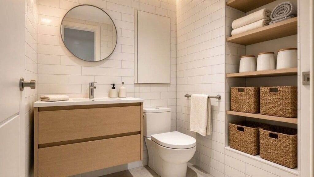 Small bathroom with floating vanity and recessed shelves maximizing space showing smart bathroom remodel ideas for organization