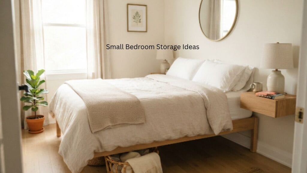 Small bedroom storage ideas shown in a neutral, uncluttered room