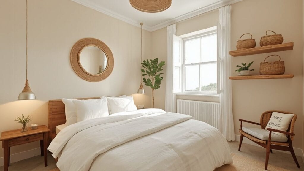 Small coastal bedroom ideas with floating shelves and a rattan mirror
