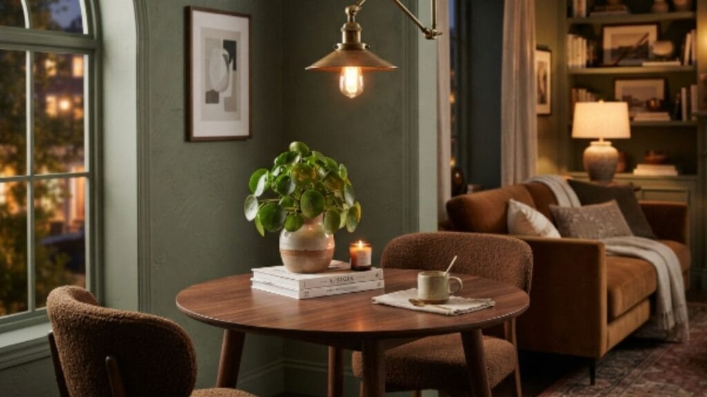pendant lighting over a small living room dining table