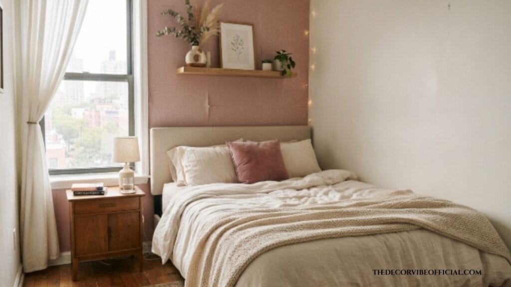 small dusty rose bedroom rental-friendly styling