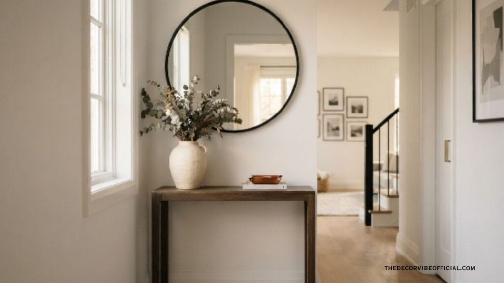 small entryway mirror ideas with a round black-framed mirror