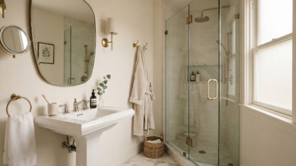 Small guest bathroom ideas with round mirror and pedestal sink