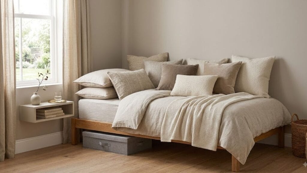 small guest bedroom ideas with cozy daybed and neutral decor
