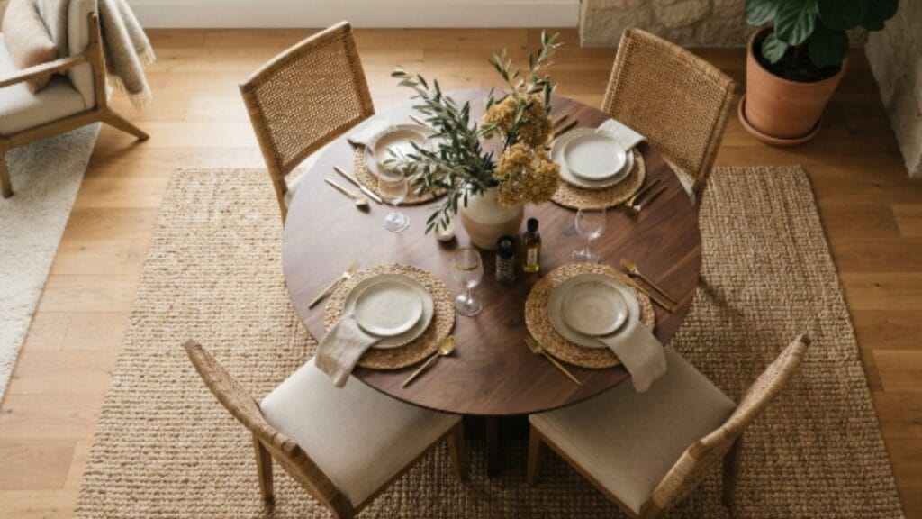 rug zoning trick for a small living room dining table
