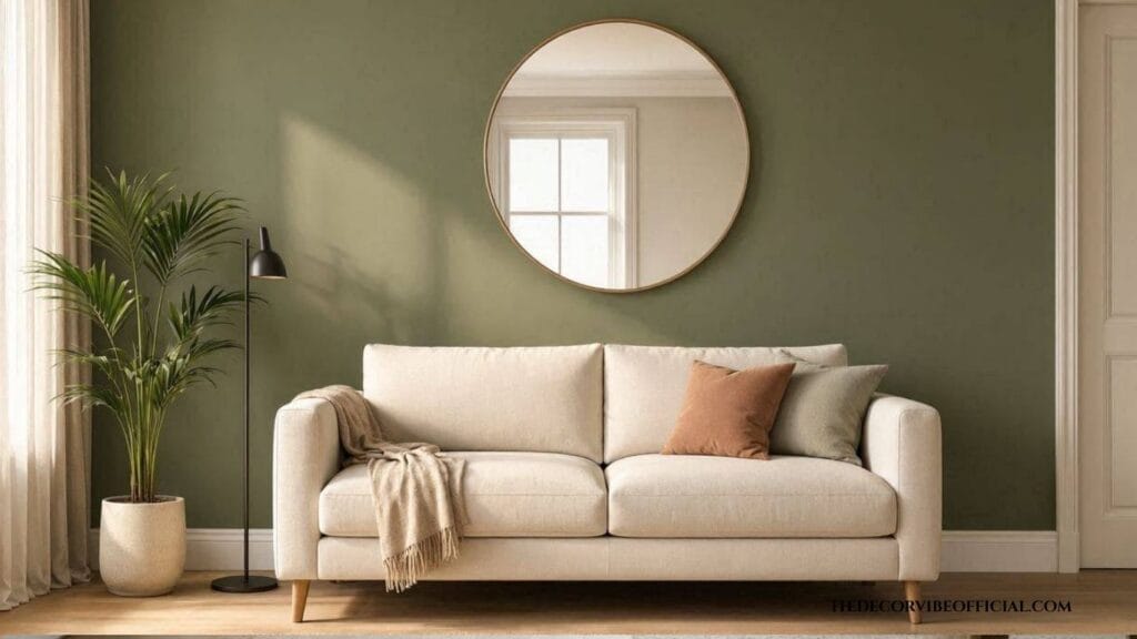 Small living room olive green idea using an accent wall and mirror to keep the space bright