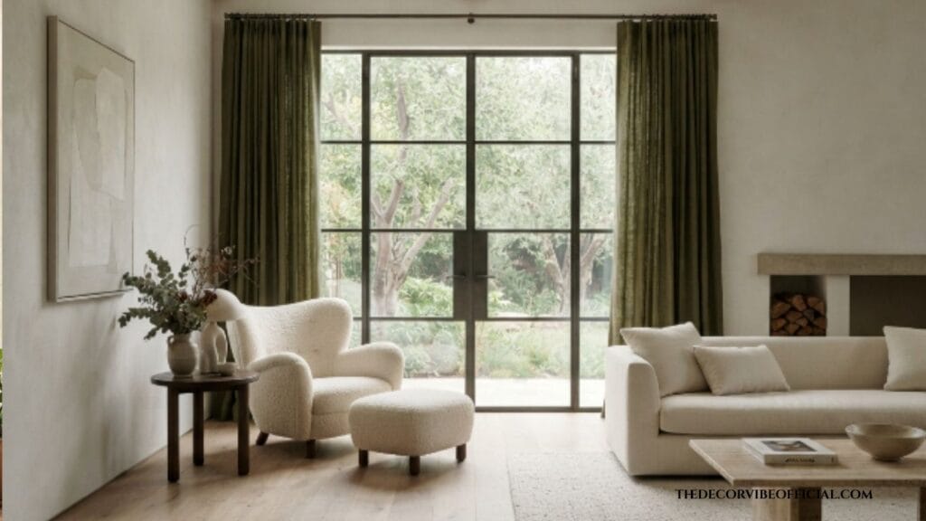 Olive green curtains adding softness to a bright living room