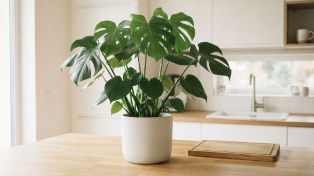 Large potted monstera plant as statement piece on spacious minimalist kitchen counter