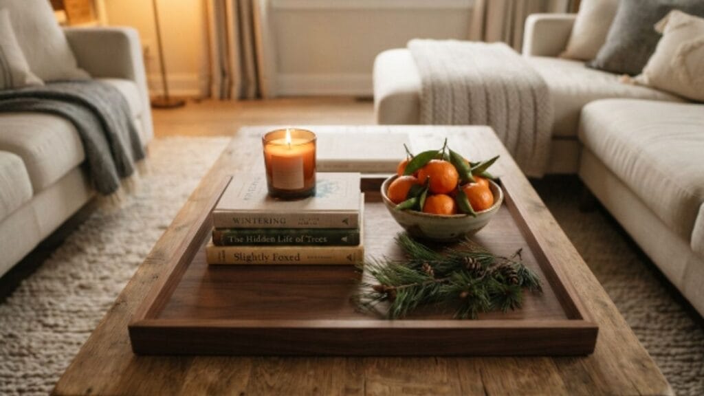 styled coffee table tray cozy hygge christmas living room