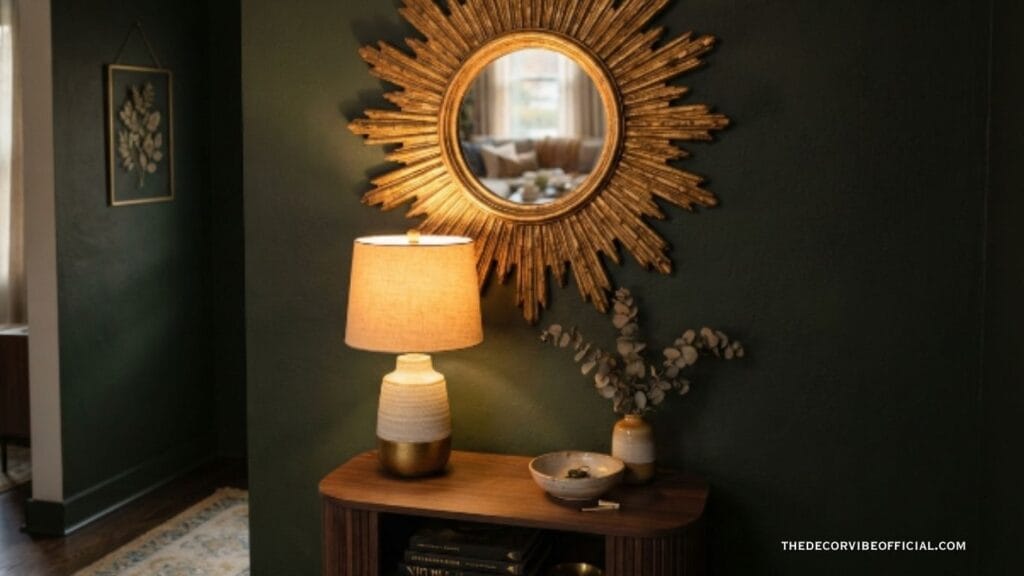 sunburst entryway mirror idea on a dark green accent wall