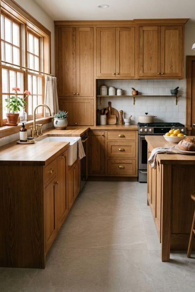  Large format greige porcelain kitchen tile floor idea