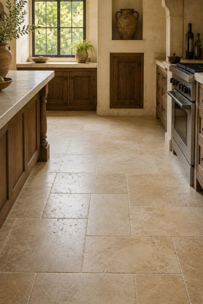 Neutral travertine kitchen tile floor idea