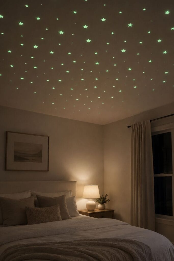 Glow in the dark star ceiling in a space themed bedroom