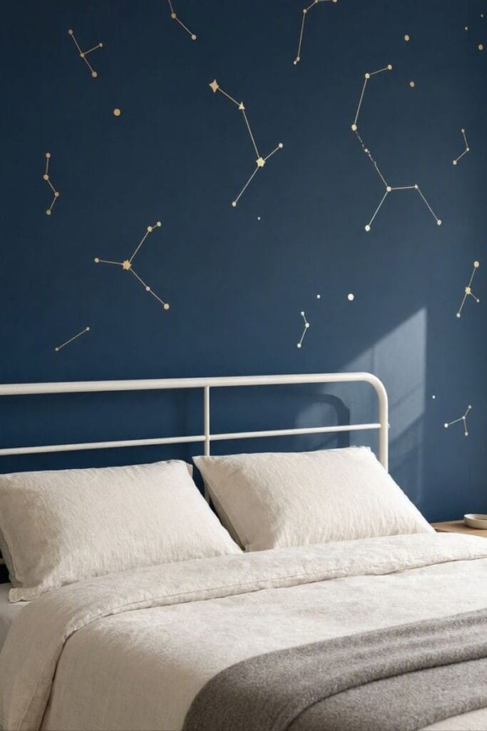 Navy accent wall with gold stars in a space themed bedroom