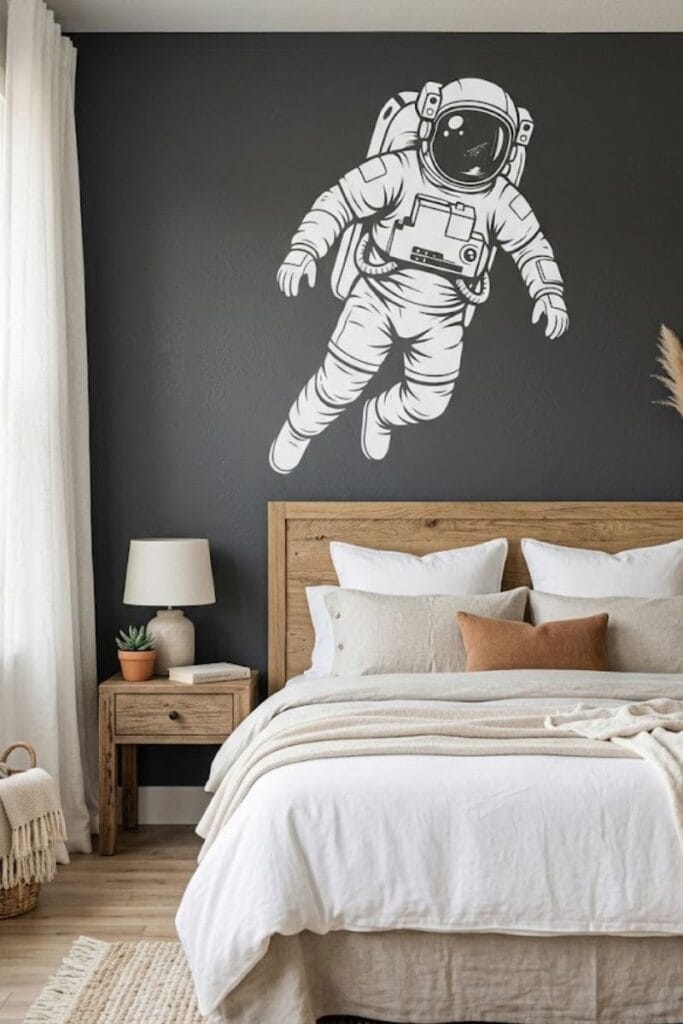 Astronaut wall decal in a space themed bedroom