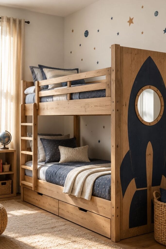 Rocket ship painted bunk bed in a space themed bedroom