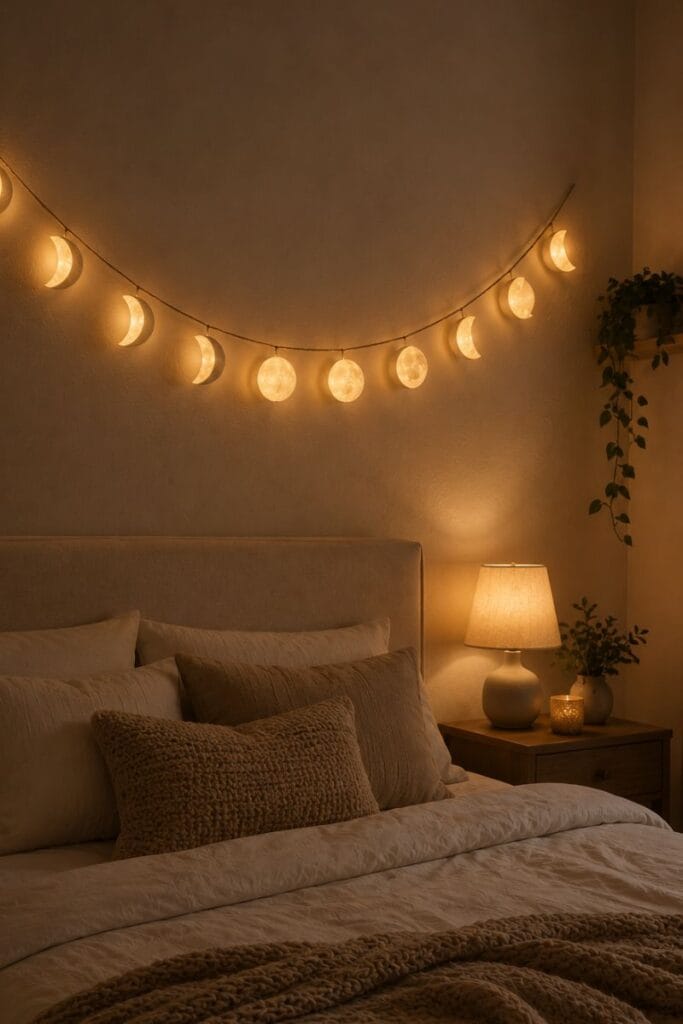 Moon phase string lights in a space themed bedroom