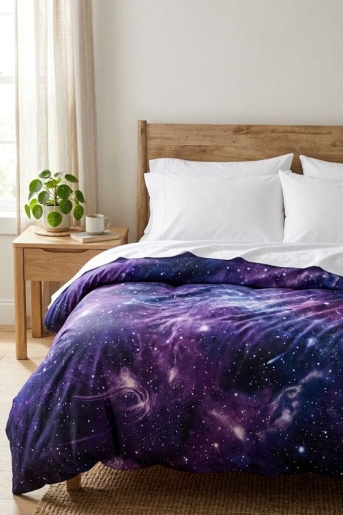 Galaxy print duvet in a space themed bedroom