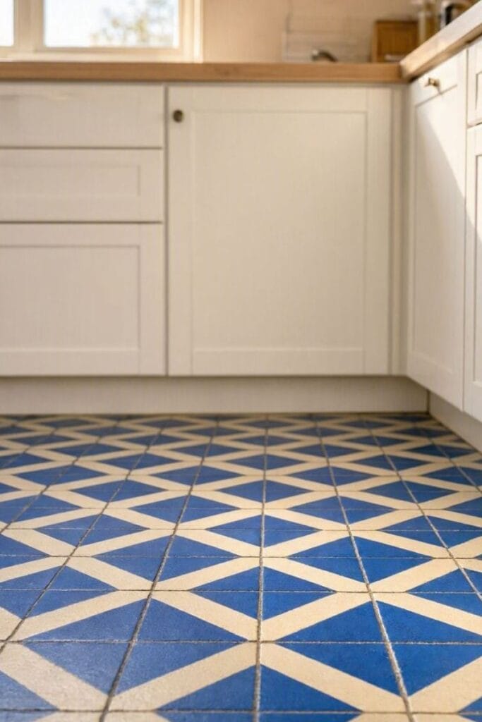 Moroccan cement tile kitchen floor with cobalt blue pattern