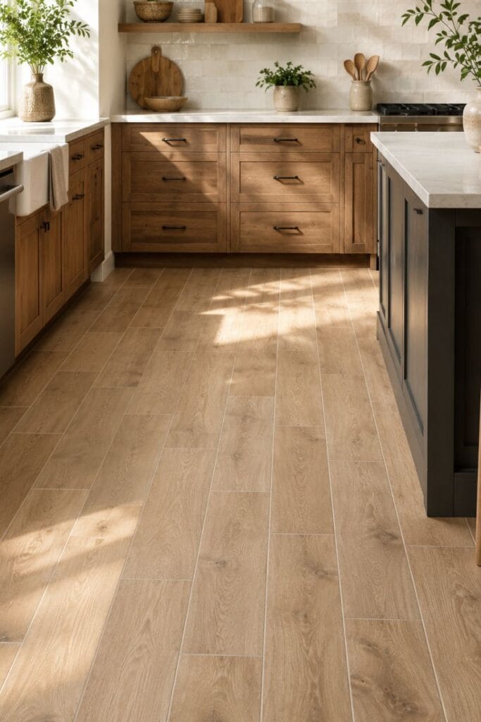 Wood look porcelain plank kitchen tile floor idea