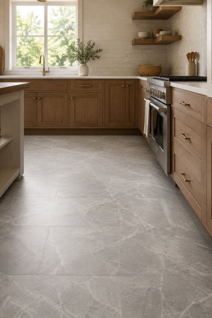 Marble effect porcelain kitchen tile floor idea