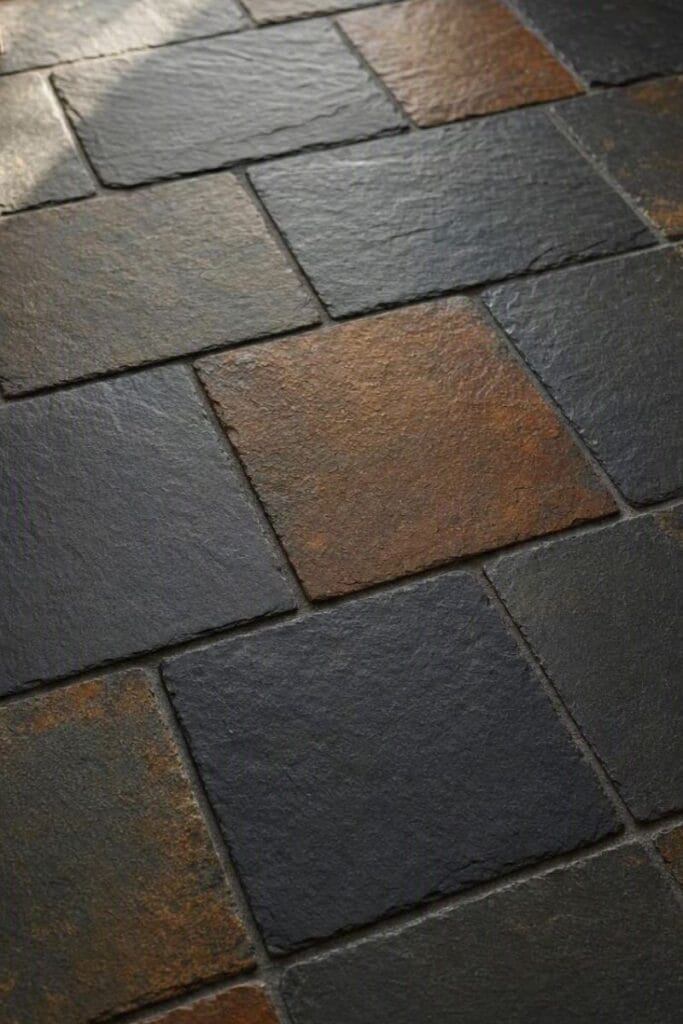 Natural slate stone kitchen tile floor idea
