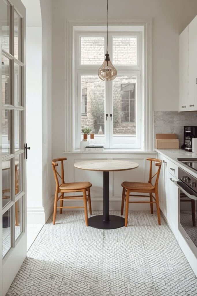  Basketweave marble tile kitchen floor idea in coffee nook