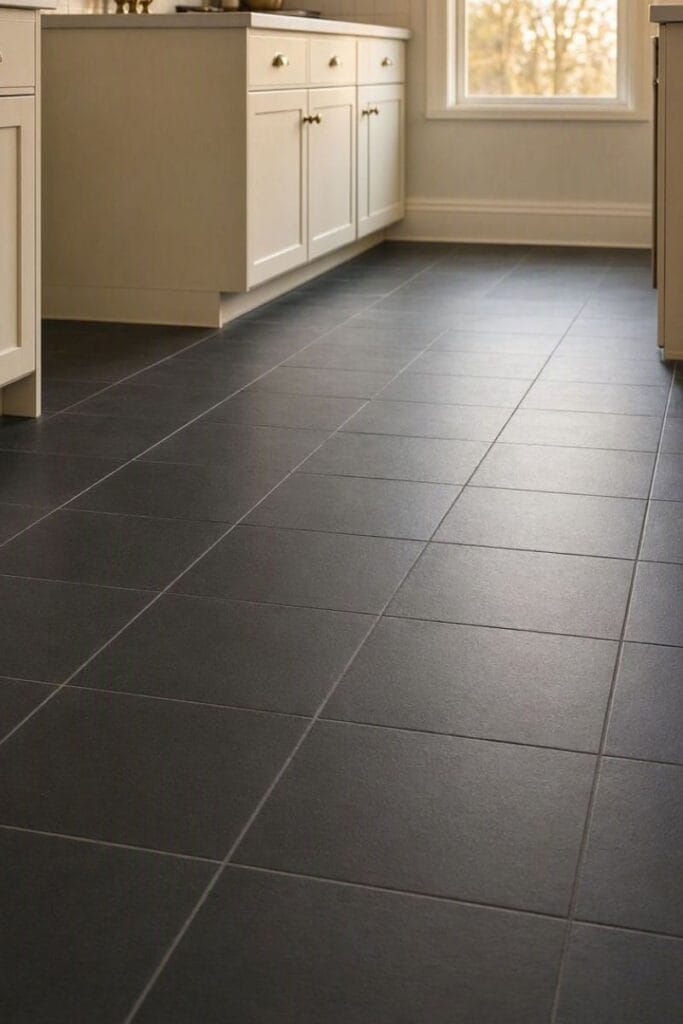 Matte charcoal porcelain kitchen tile floor idea