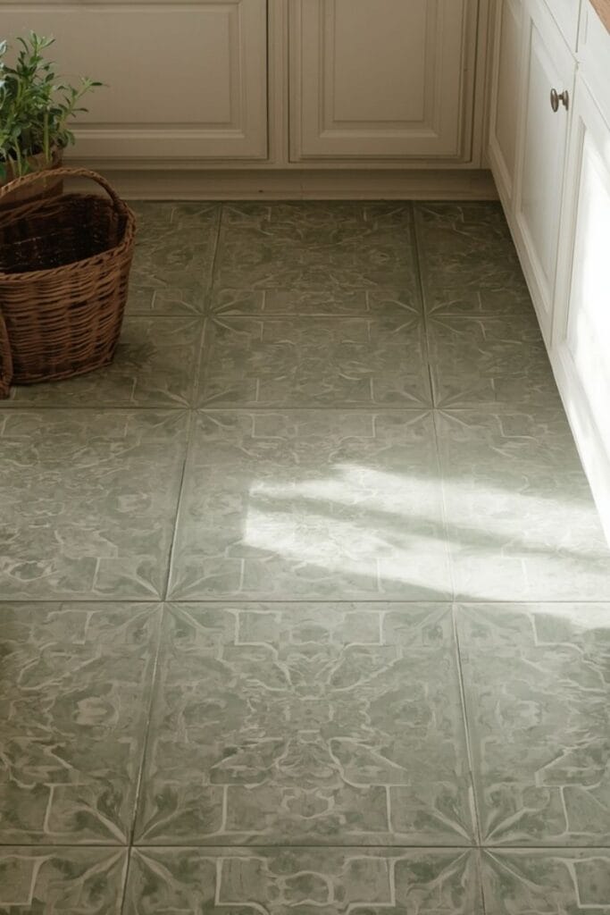 Sage green zellige-inspired kitchen tile floor idea