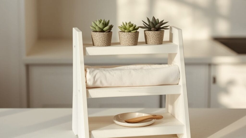 White tiered tray with potted plants and kitchen textiles styled on light kitchen counter