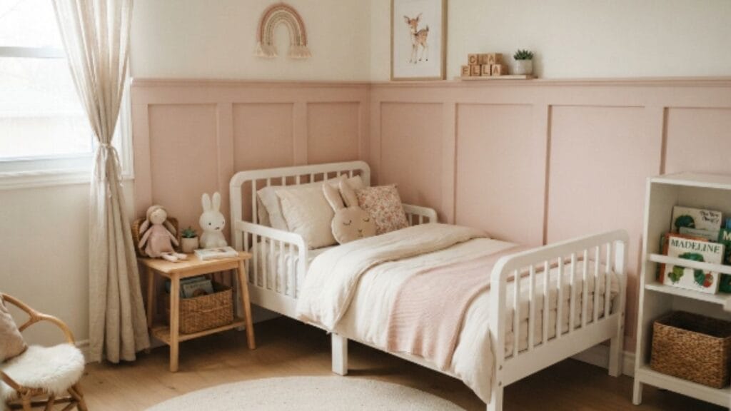 Toddler girl bedroom accent wall ideas with blush pink board and batten