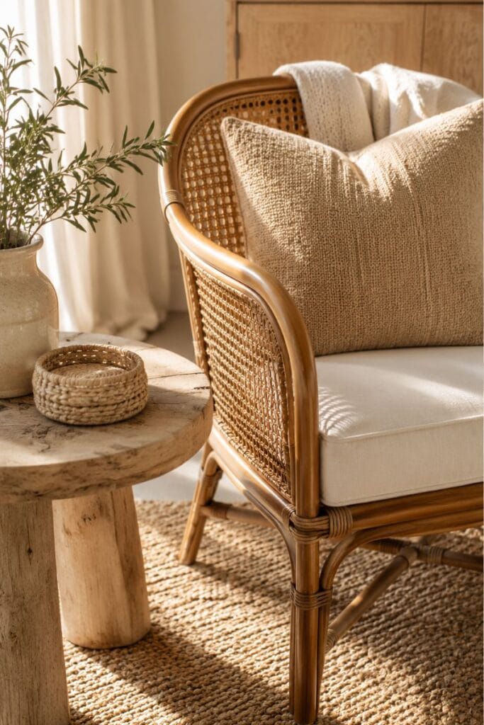  Rattan chair and jute rug texture mix in a coastal living room
