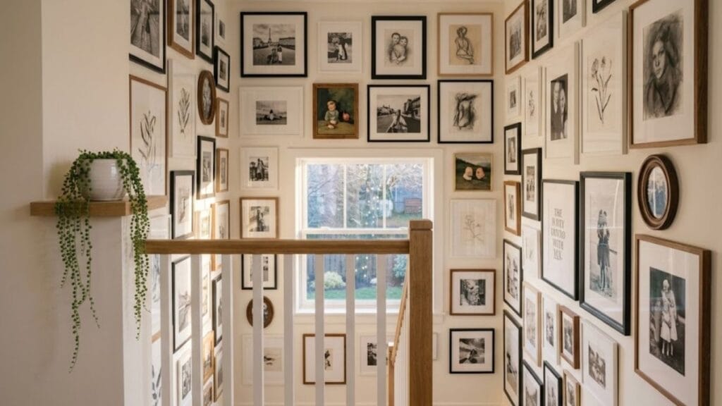 Gallery wall staircase decor with mismatched frames on landing wall.