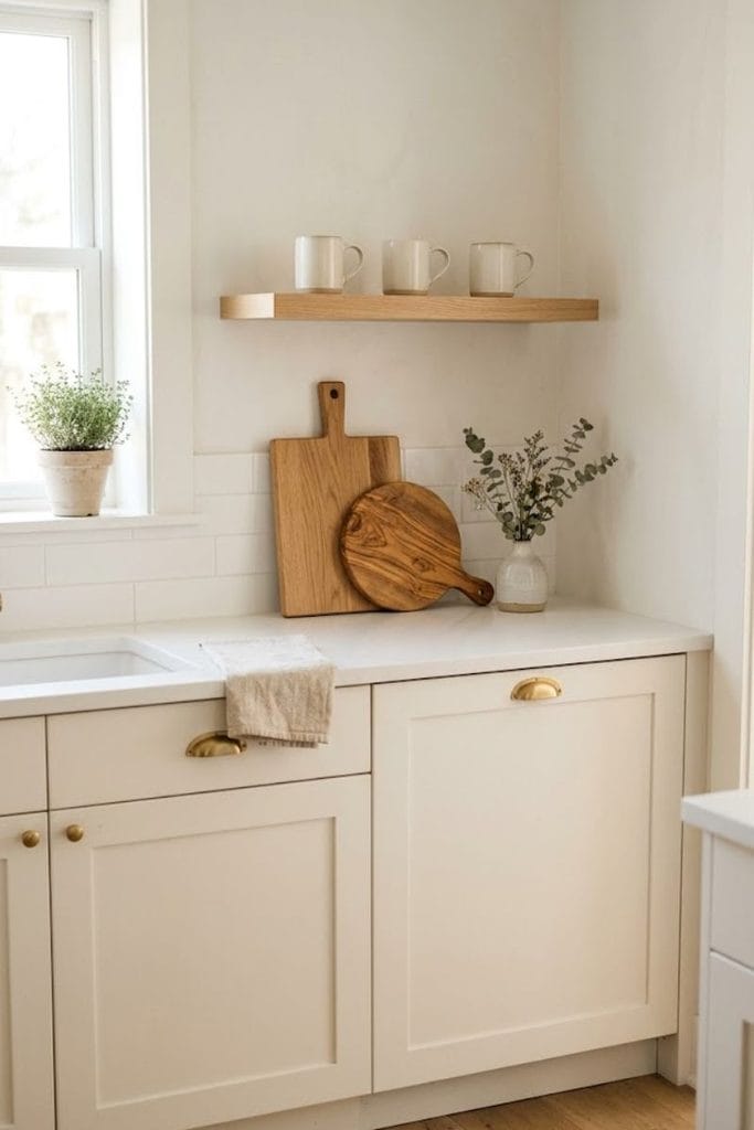 Light oak floating shelf above the counter in a small kitchen
