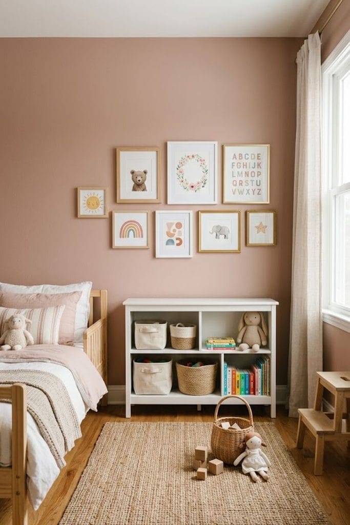 Toddler girl bedroom with dusty rose walls and low child-height gallery wall