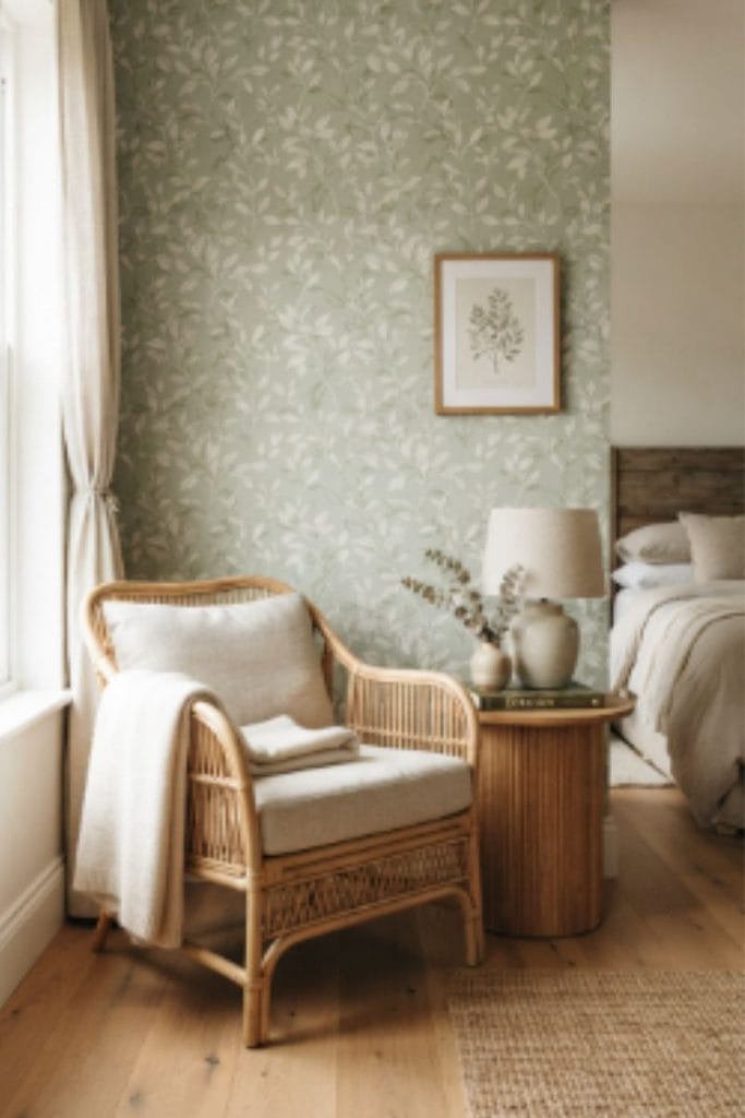 Sage green botanical room wallpaper ideas for a calm bedroom
