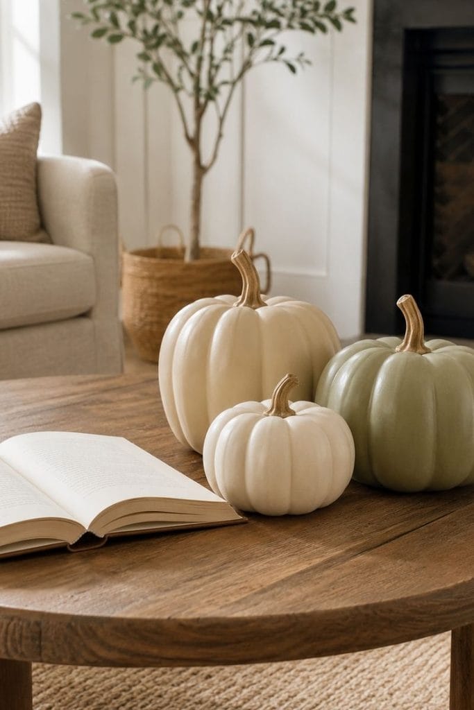 Round coffee table halloween decor with cream and sage pumpkins