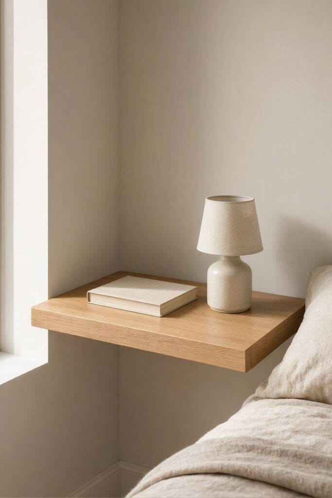 Floating oak shelf used as a small bedroom storage nightstand