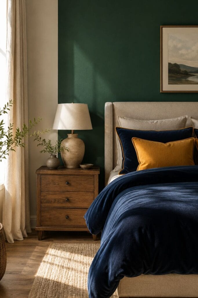 blue and green bedroom idea with emerald accent wall and navy velvet bedding 