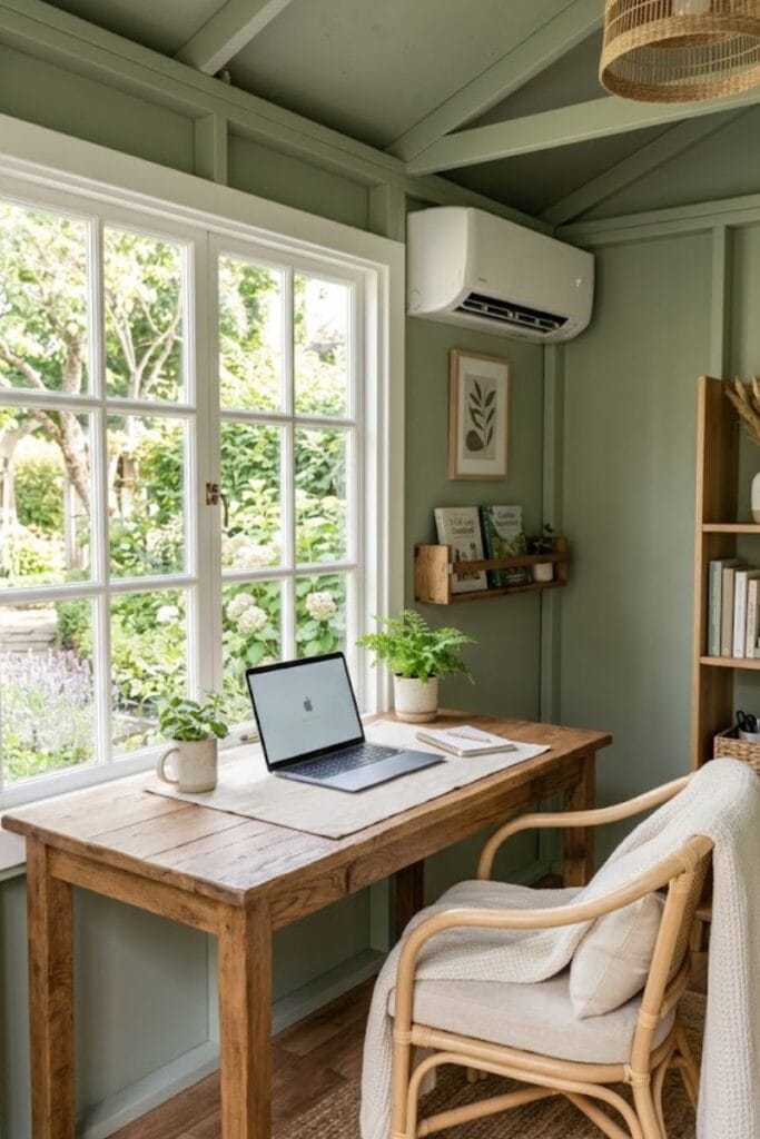 Backyard office ideas with a sage green she-shed and oak desk
