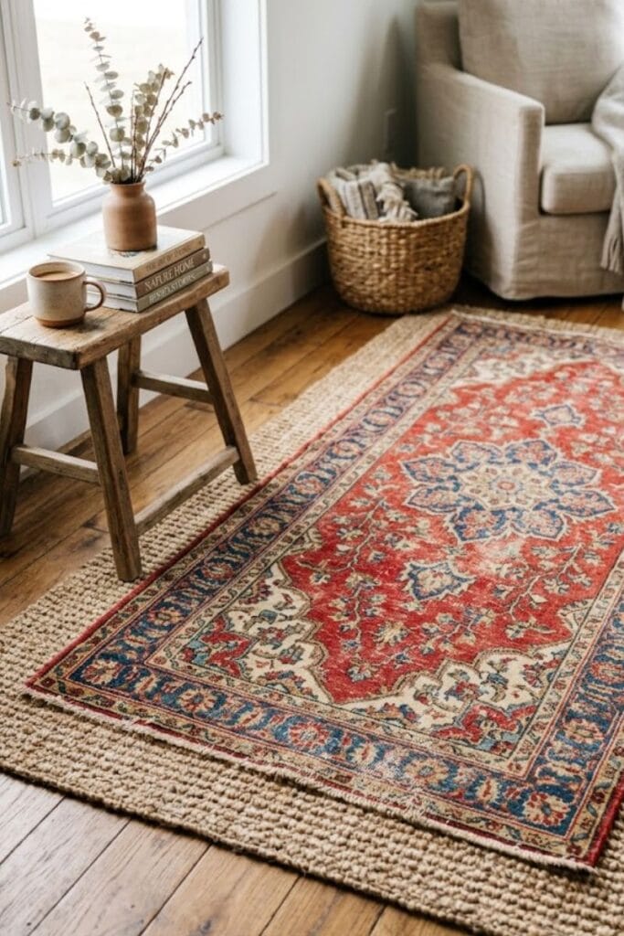  Vintage Persian rug layered over sisal in a living room