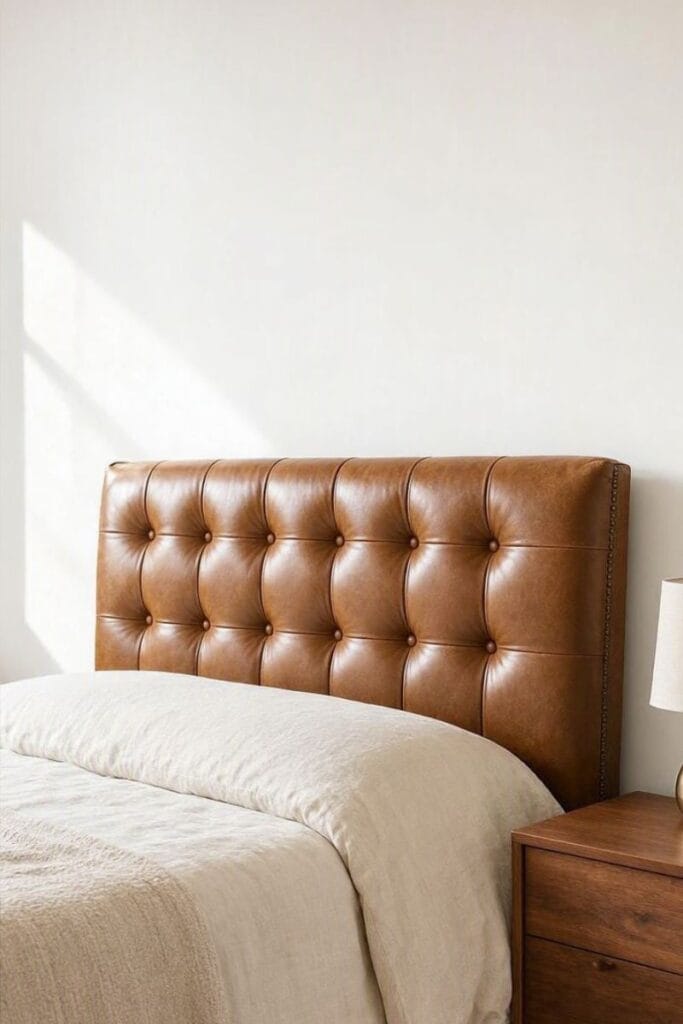 Western bedroom ideas with a tufted leather headboard in a small room