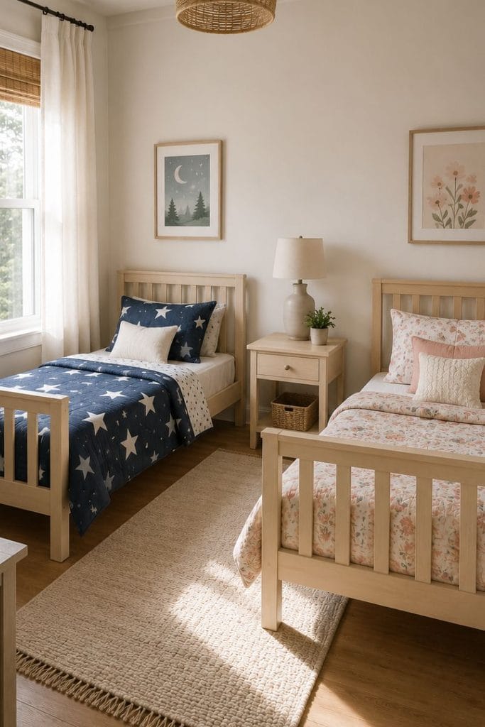Matching bed frames with different bedding in shared toddler bedroom