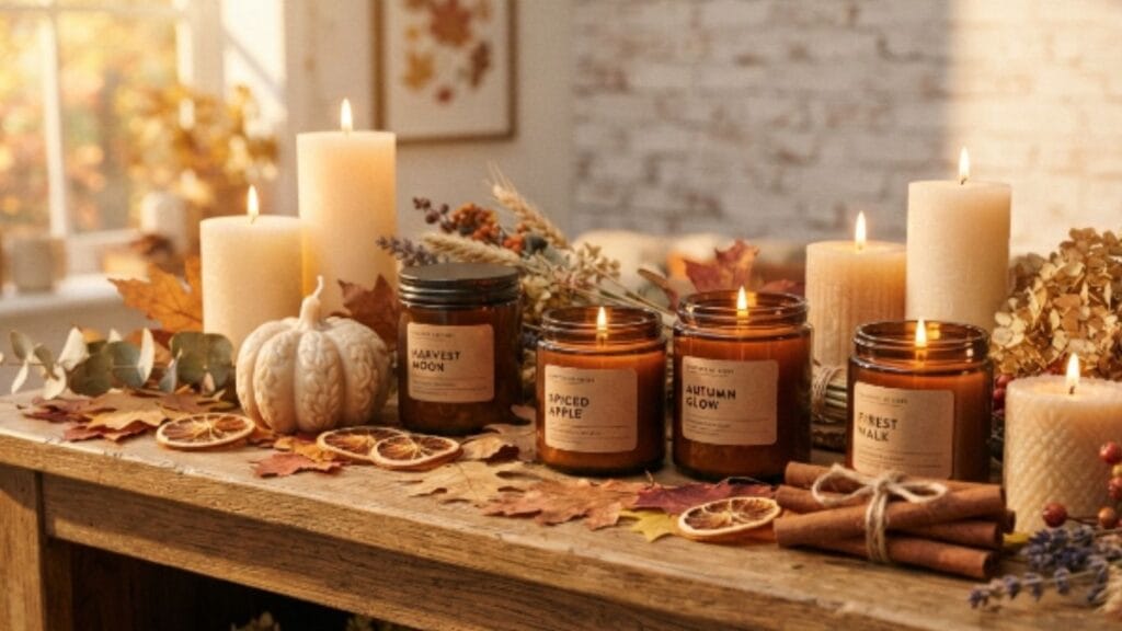 Wooden shelf with cream and amber candles, dried orange slices, and fall leaves arranged naturally