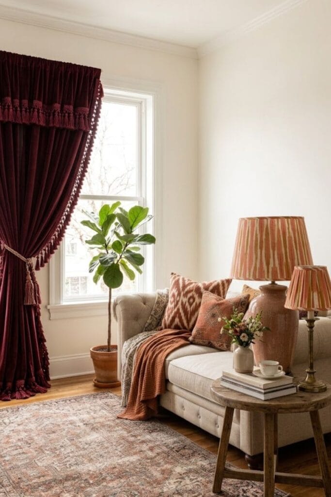 Striped coral and mustard lampshades on living room lamps