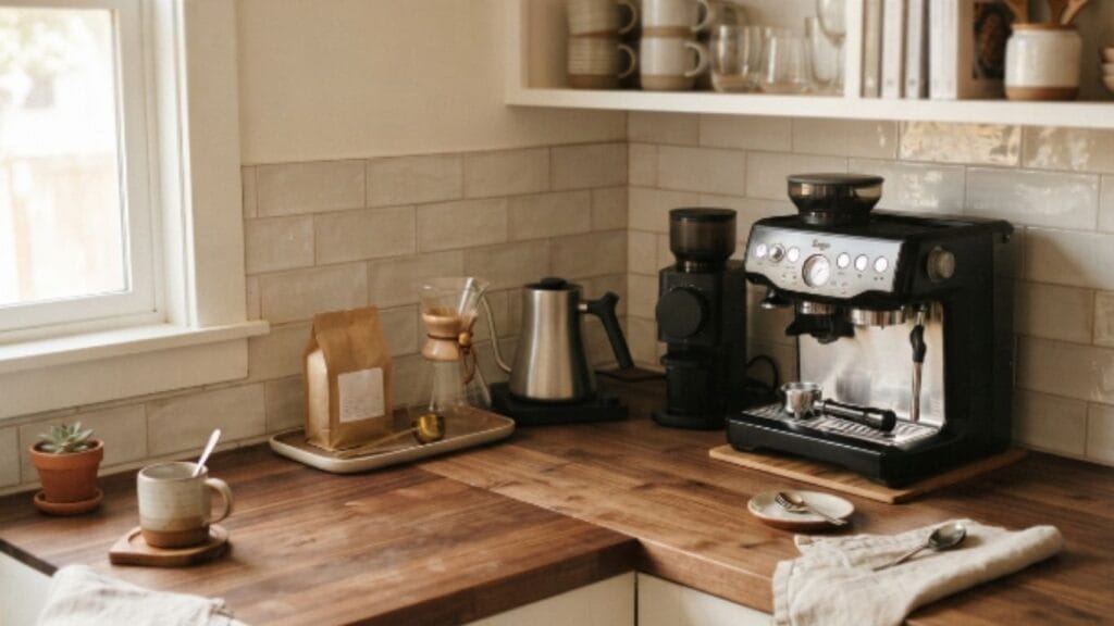 Butcher block countertop corner styled as coffee station