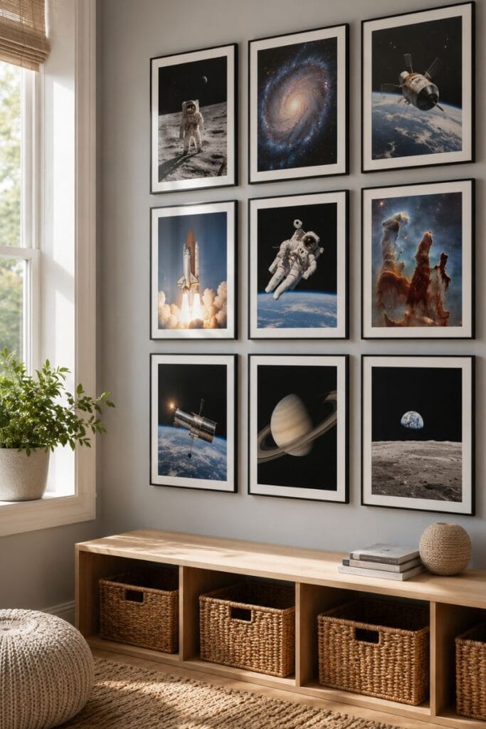 NASA photo gallery wall in a space themed bedroom